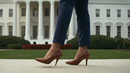 Close-up shot of a woman in a blue pantsuit and heels walking confidently toward the U.S. White House. Focus on the shoes and purposeful gait of a female president or senator after election