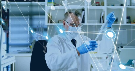 Poster - Animation of scientific data processing over caucasian male scientist in laboratory