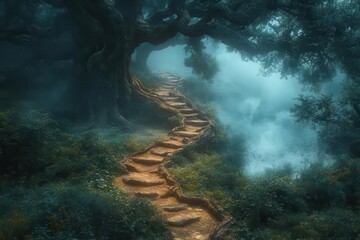 Wall Mural - enchanted misty forest path winds through ancient trees ethereal fog swirls around gnarled roots dappled light creates magical atmosphere inviting viewers to explore hidden wonders