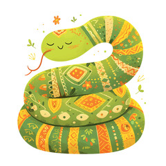 Sticker - A green snake with flowers and leaves on it is sleeping. The snake is curled up and has a peaceful expression