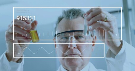 Poster - Animation of scientific data processing over caucasian male scientist in laboratory