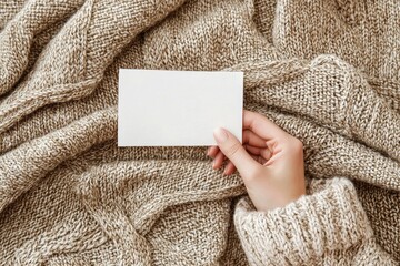 A cozy hand holding a blank card on a warm knitted blanket, ideal for personal messages or creative design concepts.