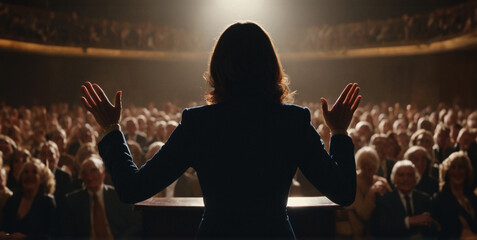 A female political figure is seen from behind, standing on stage under bright lights, addressing an audience. The spotlight highlights significant moment or speech in a political setting