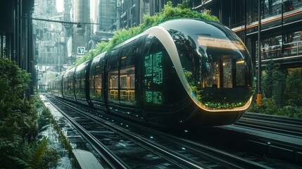 Futuristic smart public transportation systems with real-time environmental adaptation: Buses and trains adjusting their routes and energy consumption based on real-time environmental conditions.