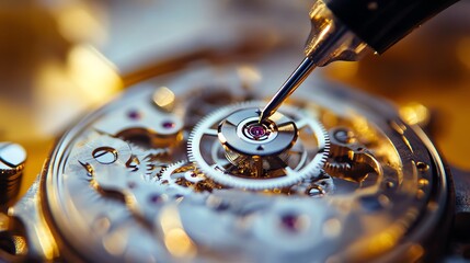 Close-up of a watchmaker using a tool to repair a watch.