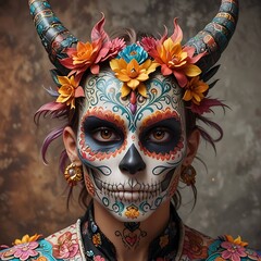 dragon with colorful sugar skull face paint.with  dragon festive Day of the Dead mask. Concept of celebration, Halloween, cultural tradition, pet costume, Dia de los Muertos makeup, celebration