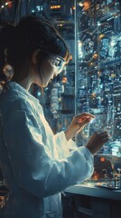 Poster - A woman in a lab coat and goggles looks at a beaker filled with glowing liquid, with a futuristic digital screen behind her.