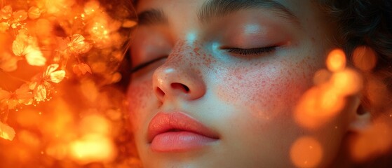 A Close-Up Portrait of a Woman's Face with Freckles and Closed Eyes Surrounded by Soft Orange Lights