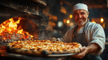 Chef presenting a freshly baked pizza from a wood-fired oven.