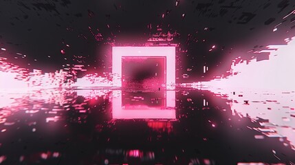 Wall Mural - 3D glitched neon design, dark background with blurry motion particles around.