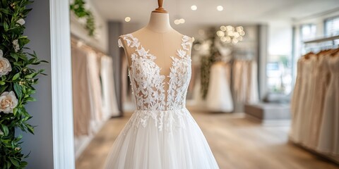 Elegant white lace wedding dress on a mannequin in a well-lit boutique setting with other wedding dresses hanging in the background