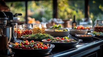 Wall Mural - A vibrant spread of fresh salads and ingredients in a sunny kitchen.