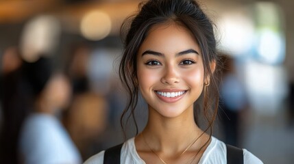 A young woman with radiant skin and a bright smile poses for the camera in a well-lit, seemingly social indoor setting, with blurred background elements enhancing the focus on her cheerful expression