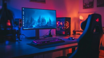 Poster - A gaming table in a dark room, illuminated only by RGB lights from the keyboard, mouse, and PC case.