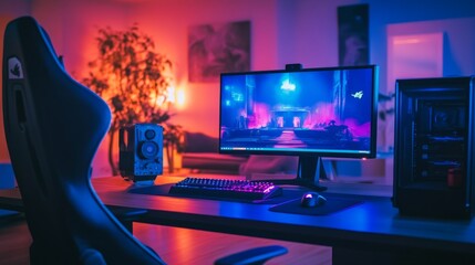 Poster - A gaming table in a dark room, illuminated only by RGB lights from the keyboard, mouse, and PC case.