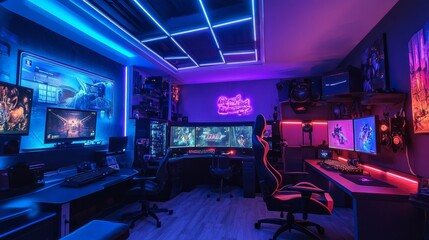 Fototapete - A high-tech gaming room with a suspended ceiling, built-in lighting effects, and multiple gaming stations.