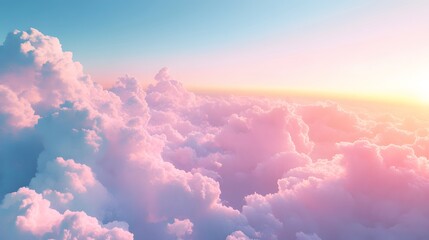 Dreamy pastel sky, fluffy pink and lavender clouds, bright blue atmosphere, ethereal cloudscape, cotton candy colors, heavenly panorama, celestial beauty, soft gradient.