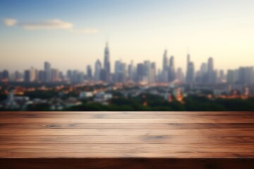 Sticker - City background fuzzy Wooden table wood.