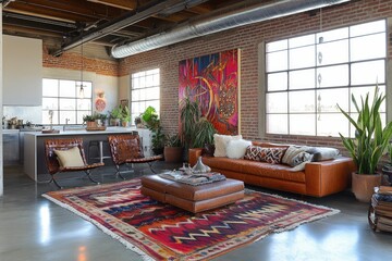 Wall Mural - Cozy urban living room with modern decor and vibrant artwork.