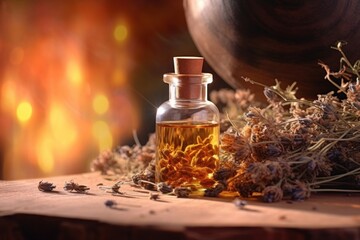 Herbs lighting perfume bottle.