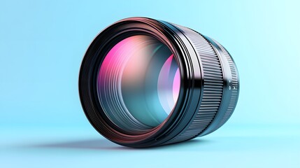 Wall Mural - Professional camera lens, front view, colorful glass reflections, pale blue background on left, high-detail product photography, sharp focus, realistic lens elements.