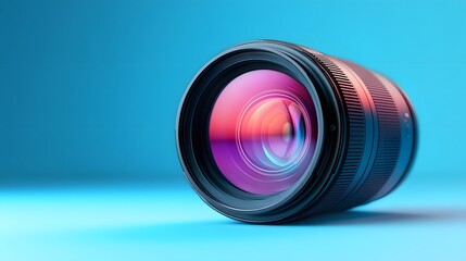 Wall Mural - Professional camera lens, front view, colorful glass reflections, pale blue background on left, high-detail product photography, sharp focus, realistic lens elements.