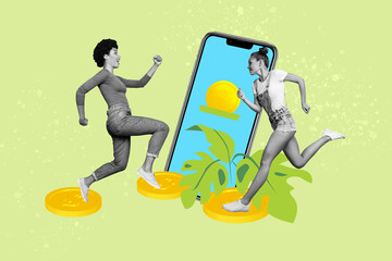 Sticker - Creative collage image young two girls smartphone screen digital device golden coins dollars currency runners achieve goal aim traders