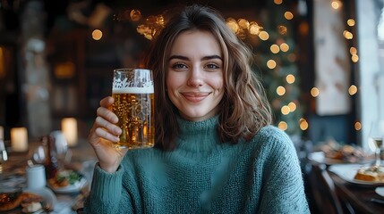 Smiling Caucasian woman holding a glass of beer in a cozy setting, celebrating with friends.