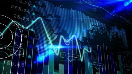 Poster - Animation of digital data processing and world map over screen