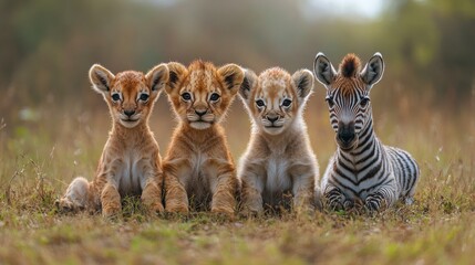 Wall Mural - 4 cute wild animals, a giraffe, a lion cub, a baby goat, a zebra are all sitting together on row on field.