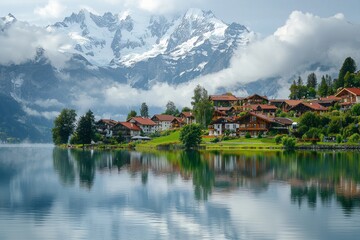 Wall Mural - A small beautiful village in front of a snow capped mountain at a calm lake with reflection 