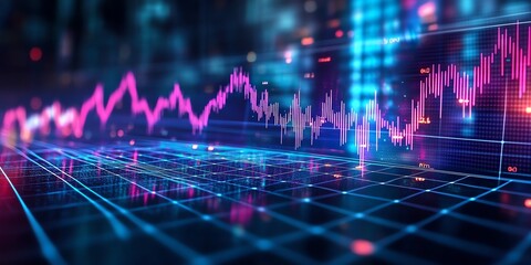 Poster - Abstract digital grid pattern with glowing lines and pink and blue stock charts in the background.