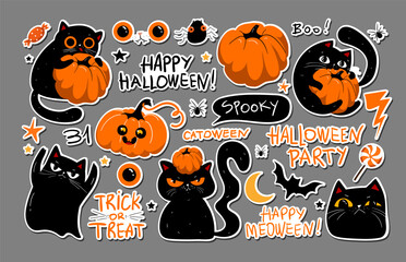 Set of halloween grumpy black cats, lettering and scarry kawaii punpkins. Set of halloweeen stickers, badges, scrapbooking elements. Happy halloween set. Halloween party, vector EPS 10