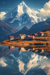 Wall Mural - A small beautiful village in front of a snow capped mountain at a calm lake with reflection 