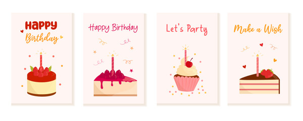 Set of Happy birthday cards with cake, cupcake, candles, confetti and calligraphy. Cute and elegant cards with tasty sweets. Vector illustration, flat style.