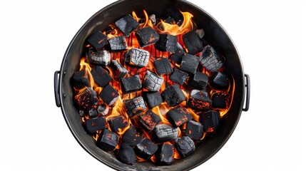 BBQ Grill Pit With Flaming Charcoal Top View Isolated on white Background