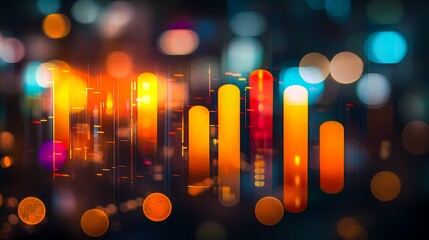 Colorful abstract data visualization with glowing bars and bokeh lights.