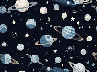 Wall Mural - Repeating pattern of mini, stylized space-themed elements like planets, rockets, and stars