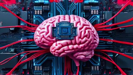 Canvas Print - A pink human brain connected to a circuit board with red wires.