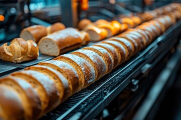 Wall Mural - Freshly Baked Bread Moving on a Conveyor Belt in a Bakery