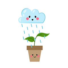 Cloud with rain watering the plant. Kids concept of cultivation of plants in nature. Little plant growing in soil and watered by rain drops. Cartoon illustration of cloud and plant.