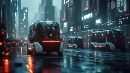 Futuristic AI-driven autonomous package delivery vehicles: Sleek delivery vehicles moving through a tech-filled cityscape.