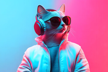 Sticker - fantasy character with cat head in sunglasses and headphones wearing white jacket listening to music against pink and blue background