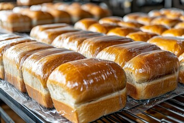 Wall Mural - Freshly Baked Loaves of Bread Wrapped in Plastic