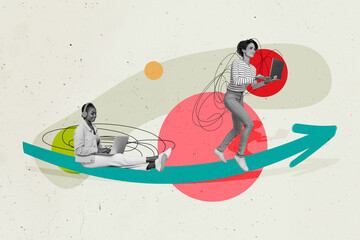 Aufkleber - Creative trend collage of arrow point running female teamwork colleagues businesspeople weird freak bizarre unusual fantasy