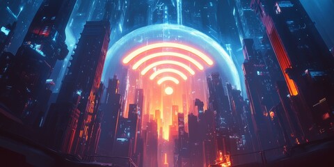 Wall Mural - Futuristic cityscape with glowing wifi symbol.