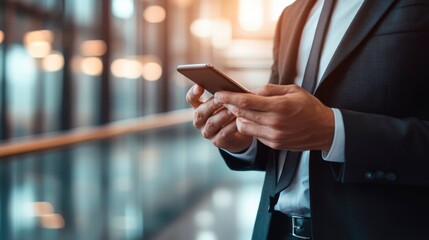 Closeup banner shot of business man hands using app holding smartphone cellphone at office building. Male entrepreneur businessman in formal suit working in trading. with generative ai