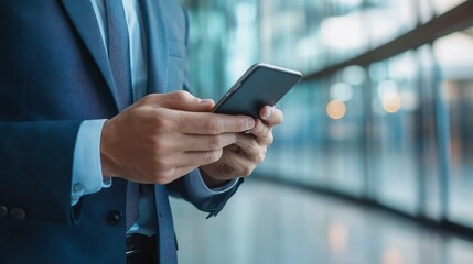 Closeup banner shot of business man hands using app holding smartphone cellphone at office building. Male entrepreneur businessman in formal suit working in trading. with generative ai