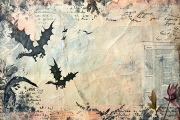 Wall Mural - Dragons flying ephemera border backgrounds collage drawing.