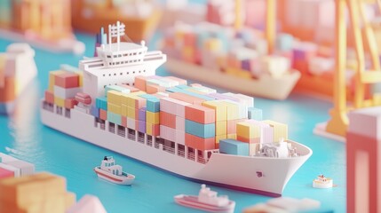 3D rendered import-export logistics in pastel tones, flat design, visualizing global cargo transport